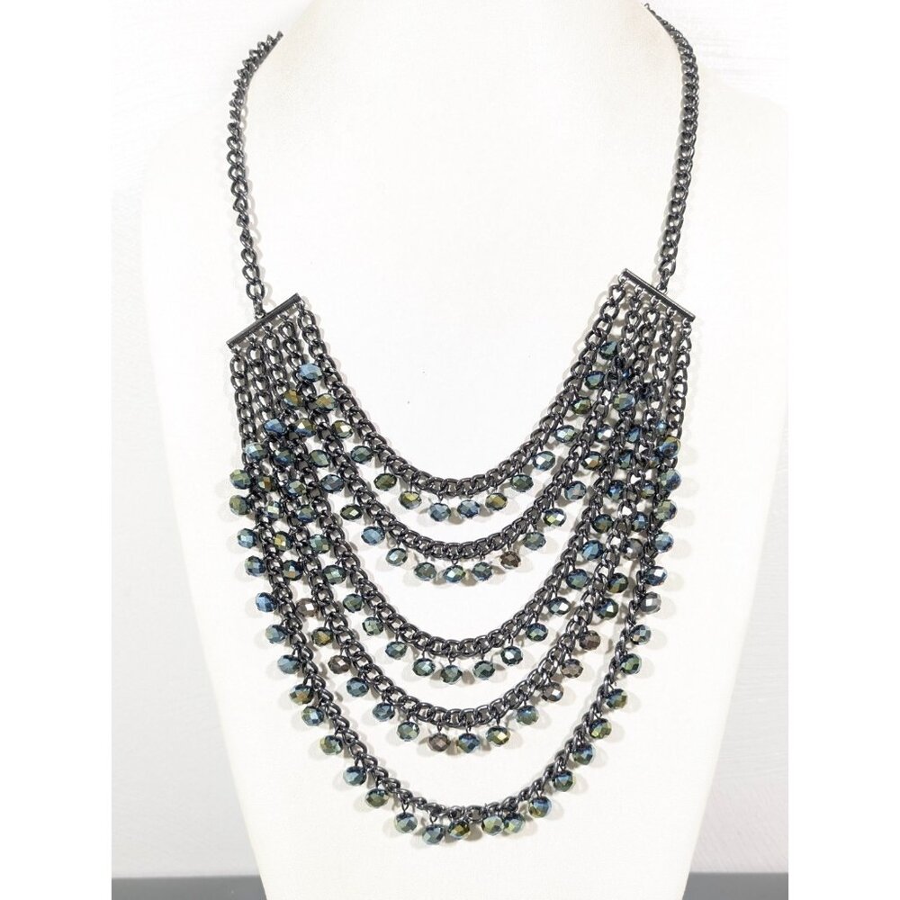Gray Green Glass Faceted Charm layered Chain‎ Necklace Whimsigoth Bold 28 in